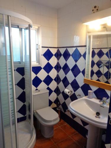 a blue and white bathroom with a toilet and a sink at Casa los Jinetes in Carmona