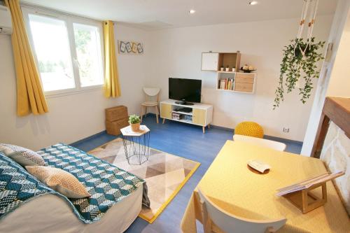 a living room with a couch and a tv at T2 idéal curiste ou vacanciers au centre de Cambo in Cambo-les-Bains