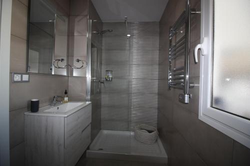 a bathroom with a sink and a shower with a mirror at Villa Tomillo in Málaga