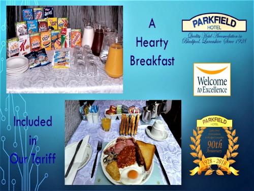 un collage di immagini di un tavolo per la colazione con un piatto di cibo di Parkfield Hotel a Blackpool