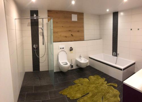 a bathroom with a toilet and a sink and a shower at Vine & Design in Langenlois