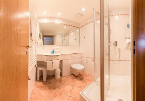 ein Bad mit einem WC, einem Waschbecken und einer Dusche in der Unterkunft Grüner Baum Naturparkhotel & Schwarzwald-Restaurant in Todtnau