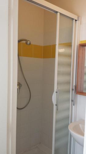 a shower with a glass door in a bathroom at Au Pigeon Blanc in Andouillé