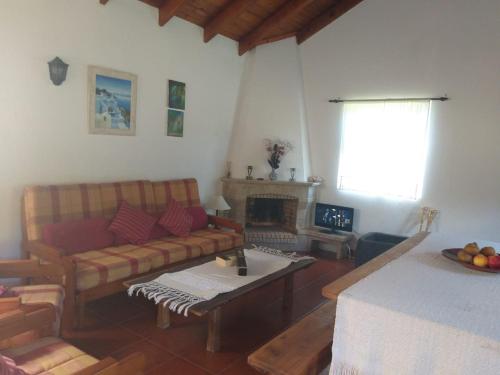 a living room with a couch and a fireplace at Azores Hibiscus House - Mountain and Sea in São Roque do Pico