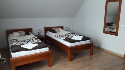 two twin beds in a room with a mirror at Agroturystyka Żubrówka in Żubrówka