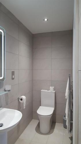 a bathroom with a white toilet and a sink at The Lawn Guest House Gatwick in Horley