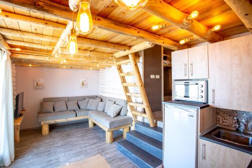 uma sala de estar com um sofá e uma cozinha em Lotto em Serra Nevada