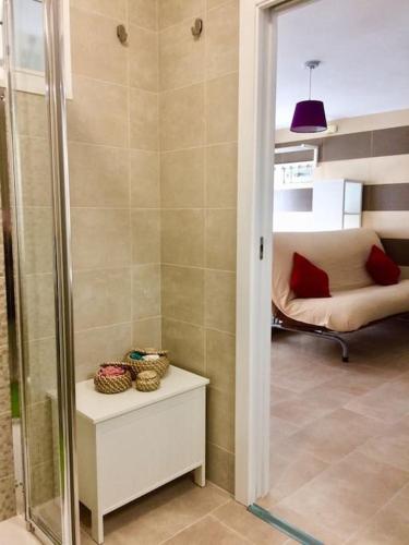 a bathroom with a shower and a room with a couch at APARTAMENTO PLAYA DE ESTORDE in Cee