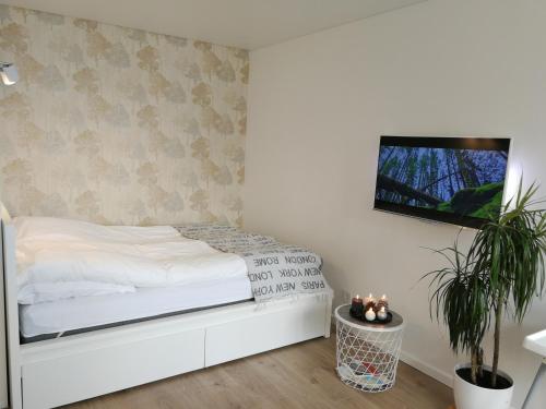 um quarto com uma cama branca e uma televisão de ecrã plano em Buto nuoma šviesos gatvėje em Telsiai