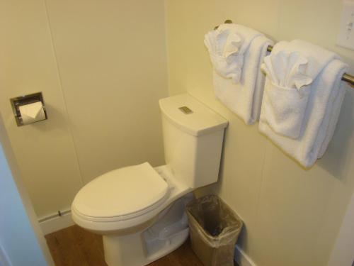 a bathroom with a white toilet and towels at Paddock Inn in Coleman