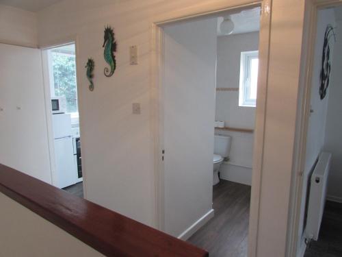 a bathroom with a sliding door to a toilet at The Annex Apartment in Weymouth