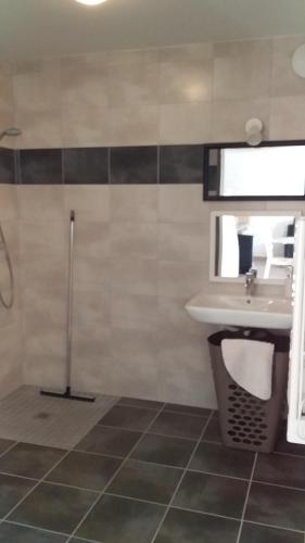 La salle de bains est pourvue d'un lavabo et d'un miroir. dans l'établissement Joli studio sympa, à Saint-Jean-Saint-Nicolas