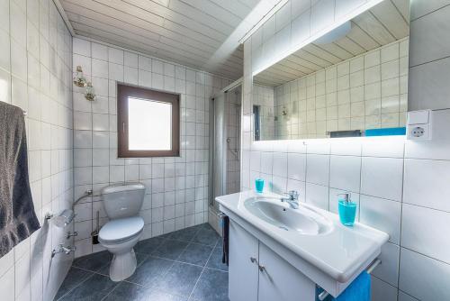 a bathroom with a sink and a toilet and a mirror at Ferienwohnung Maria Laach 2 in Glees