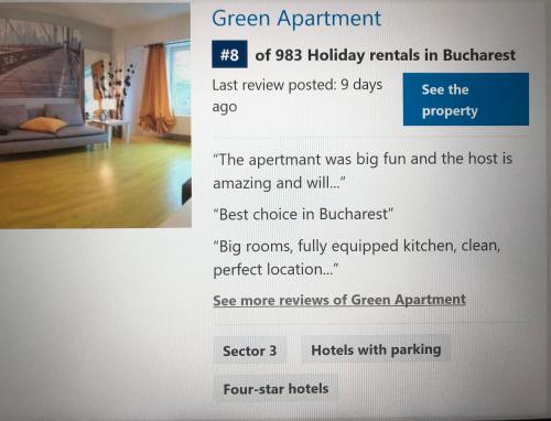 a screenshot of a webpage of a green apartment at Green Apartment 59 in Bucharest