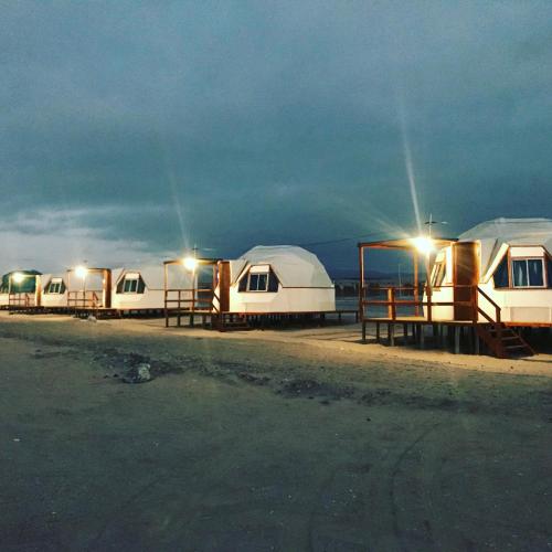 a row of camels parked next to the ocean at night at DOMO CAMPING in Bahia Inglesa