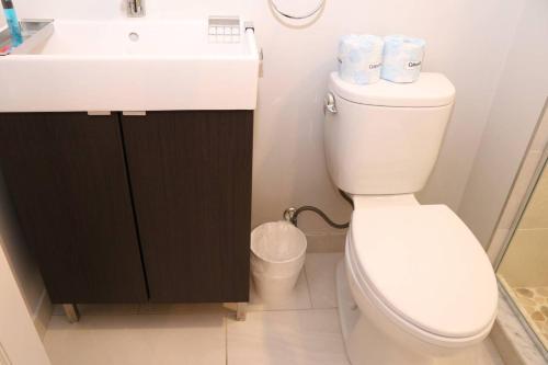 a bathroom with a white toilet and a sink at A Stylish Stay w/ a Queen Bed, Heated Floors.. #15 in Brookline