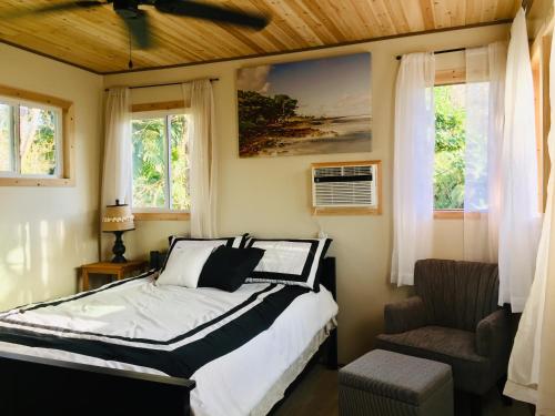 a bedroom with a bed and a chair and windows at Hale Nonno in Pahoa