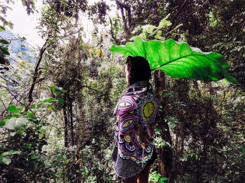 a person with a green umbrella standing in the woods at Desa Eko in Munduk