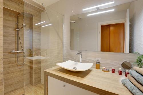 une salle de bain avec un lavabo et une douche dans l'établissement L'Amandine ,45 m2 terrasse et garage centre ville, à Saint-Raphaël