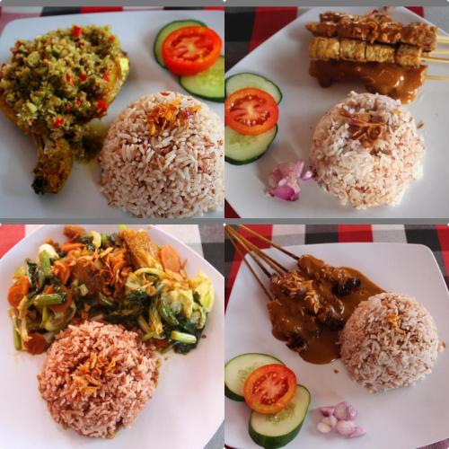 four pictures of food on plates with rice and vegetables at One Homestay and Warung in Munduk