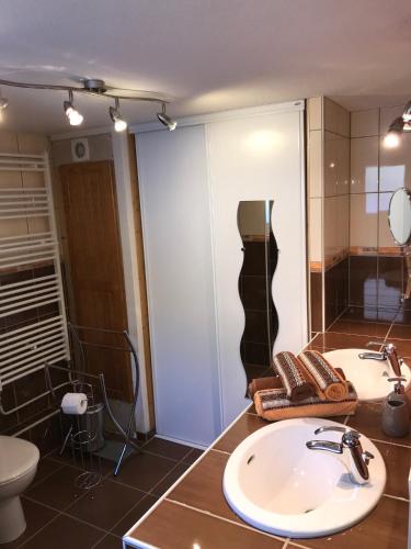une salle de bain avec deux lavabos et une douche dans l'établissement le coin tranquille, à Aime La Plagne