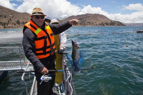 a man holding a fish in a net on a boat at Yacht Lago Titicaca in Ichu