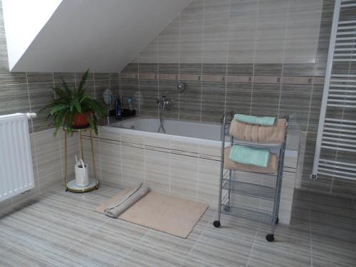 a bathroom with a bath tub and a towel rack at Apartmán Ludmila in Hlohovec