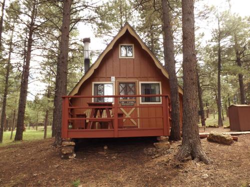 a small red house in the middle of trees at Arizona Mountain Inn & Cabins in Flagstaff