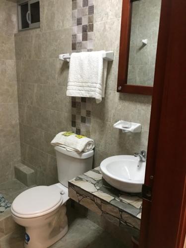 bagno con servizi igienici e lavandino di Hotel Seny ad Ambato