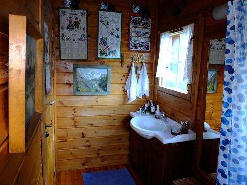 a bathroom with a sink and a window at Vytina log house in Vytina