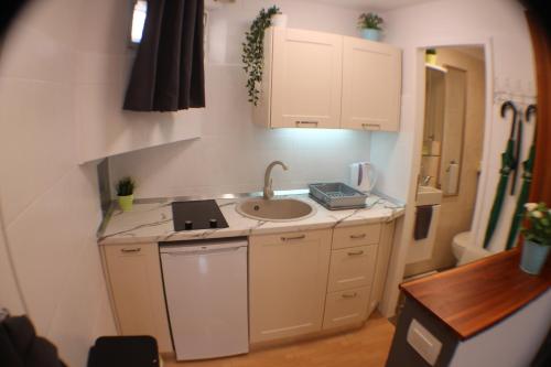 a small white kitchen with a sink and a sink at Amorino Apartman Studio in Opatija