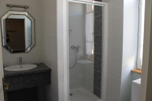 y baño con ducha, lavabo y espejo. en Hôtel Restaurant Le Moulin de Saint Verand en Saint-Vérand