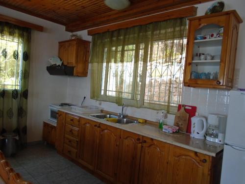 a kitchen with wooden cabinets and a white refrigerator at Giota & Antonia Apartments in Koroni
