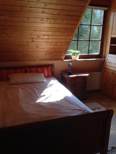 ein Bett in einem Zimmer mit Holzdecke in der Unterkunft Ferienwohnung 'Lydia' in Bornum
