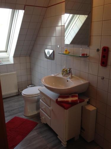 ein Badezimmer mit Waschbecken und Toilette in der Unterkunft Ferienwohnung 'Lydia' in Bornum