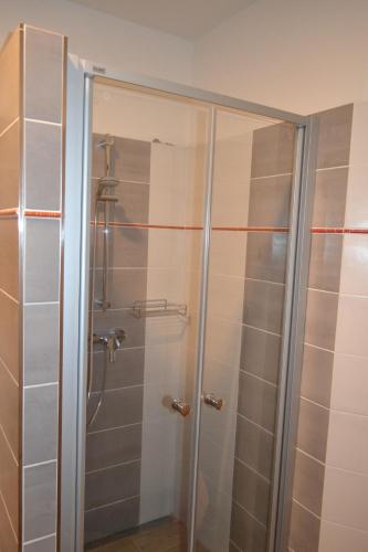 a shower with a glass door in a bathroom at Chata Colonada in Valča