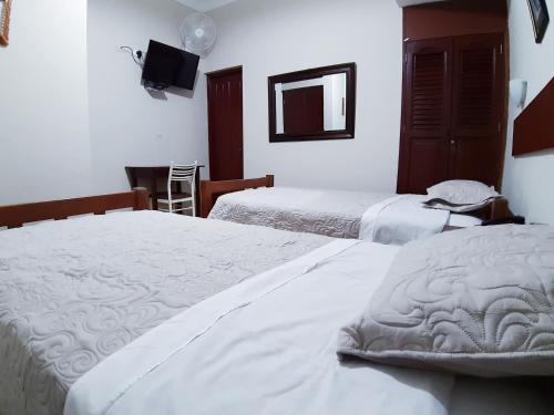 Cette chambre comprend deux lits et une télévision. dans l'établissement Pretty House Hotel, à Lima