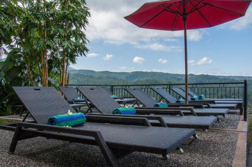a row of lounge chairs with a red umbrella at Bali Rahayu Homestay in Munduk