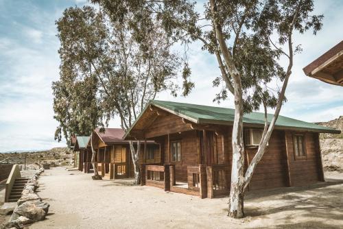 a log cabin with a tree in front of it at Camping Fort Bravo in Tabernas