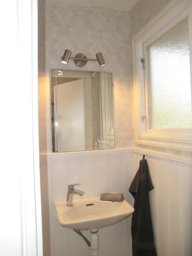 La salle de bains est pourvue d'un lavabo et d'un miroir. dans l'établissement Björkslingan, à Vimmerby