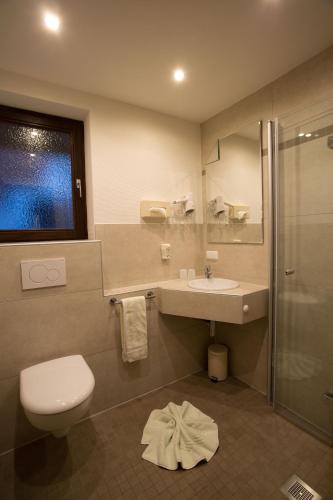 a bathroom with a toilet and a sink and a shower at Landhotel Teuteberg in Bad Arolsen