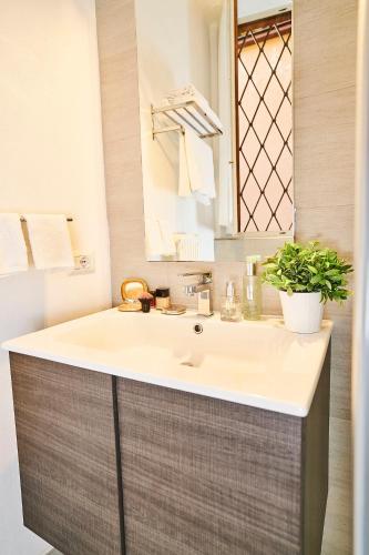 a bathroom with a sink with a potted plant on it at Casa Francesca - Meravigliosa vista sul lago di Como in Menaggio