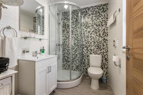 a bathroom with a shower and a toilet and a sink at Apartments and Rooms Villa Erede in Split