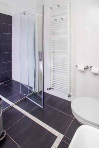 a bathroom with a glass shower and a toilet at Penzion Lesni in Milovice