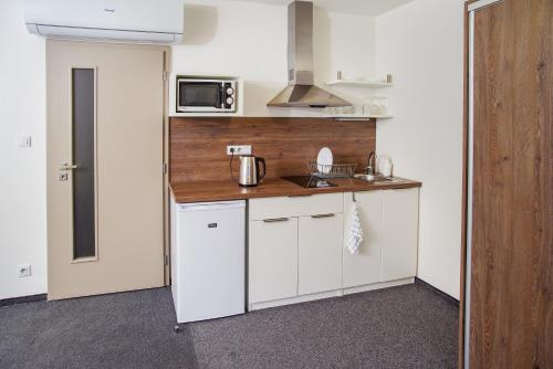 a small kitchen with white cabinets and a microwave at Penzion Lesni in Milovice