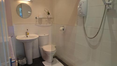 a bathroom with a shower and a toilet and a sink at geordie pride lodge in Liversedge