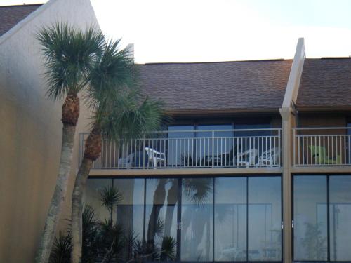 a house with palm trees and a balcony with a dog on it at Midnight Cove #532, Bayside in Siesta Key, FL in Siesta Key
