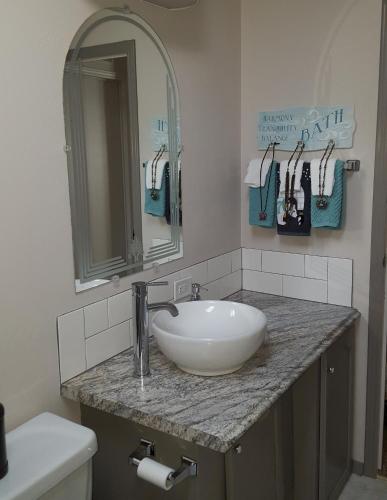 a bathroom with a white sink and a mirror at River Falls Lodging -Black Hills, South Dakota in Hot Springs