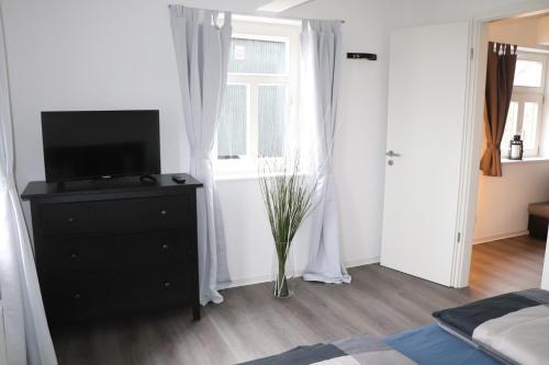 a bedroom with a television on a dresser and a window at "Fahner Mühle" in Gierstädt