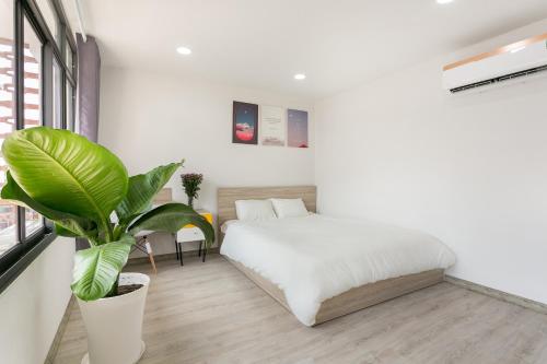 a bedroom with a bed and a potted plant at Dlux Saigon in Ho Chi Minh City